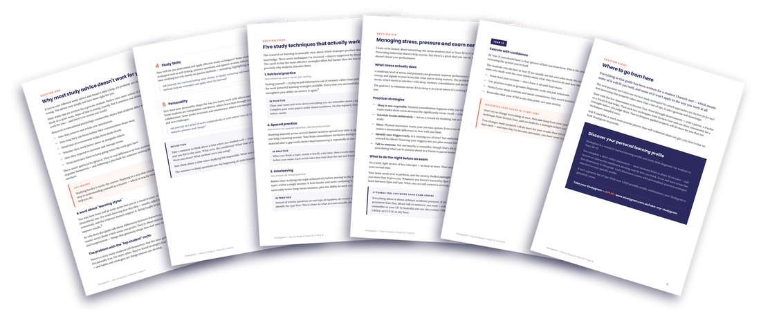 Fanned preview of interior pages from the Studygram student guide, showing study timetables, checklists and technique summaries