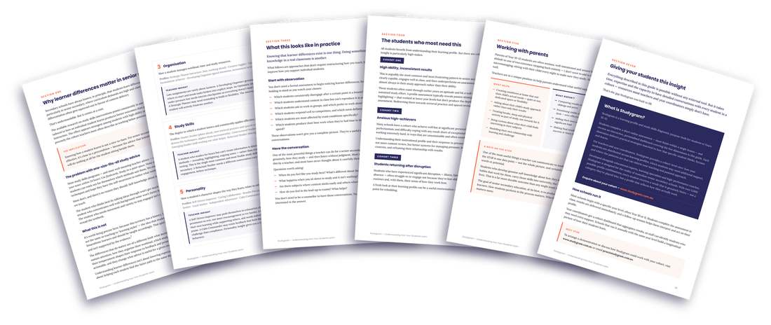 Fanned preview of interior pages from the Studygram teacher guide, showing the five dimensions, teacher insights and cohort sections
